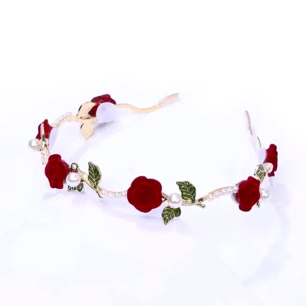 Elegant Red Rose and Pearl Headband Valentines Day